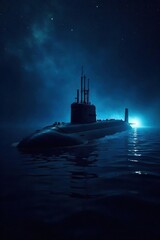Sleek Military Submarine Stealthily Navigating Bioluminescent Deep Ocean