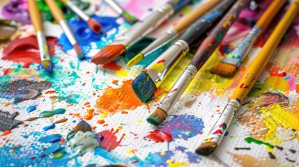 Vibrant Artistic Workspace with Paint Brushes and Colorful Paint Splashes on Canvas Surface