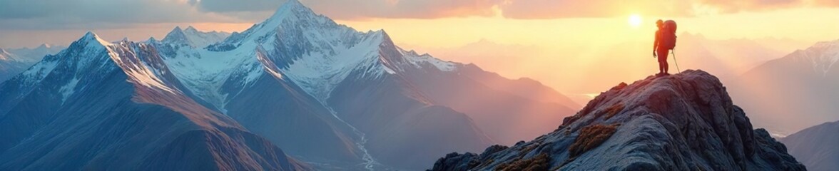 Lone Backpack on Snow-Capped Peak Breathtaking Mountain Valley Vista, Adventurous Hiking Exploration