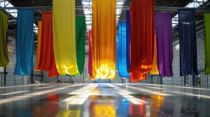 Colorful Fabric Drapes Hanging in an Industrial Space with Soft Natural Light and Reflection on Smooth Floor