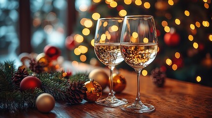 Living Room White Wine Glasses with Christmas Decor, Natural Light Wide Shot

