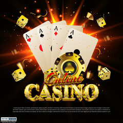 Online casino 3d editable vector text effect template. Editable 3d golden vegas typography design with playing cards, dice and light glow vector. 