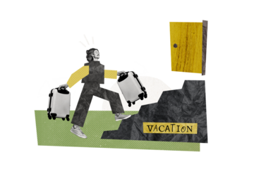 Creative collage image young man go upstairs doorway enter vacation weekend rest rejoice holiday traveler departure passenger valise