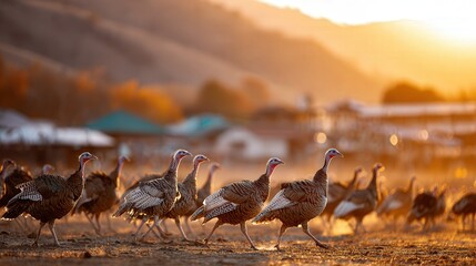 Flock of wild turkeys walking through golden field at sunset with soft hills in the background