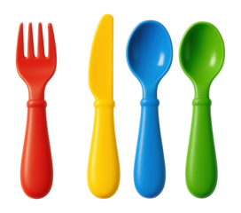 Color-coded cutlery set designed to teach kids proper table settings at home.
