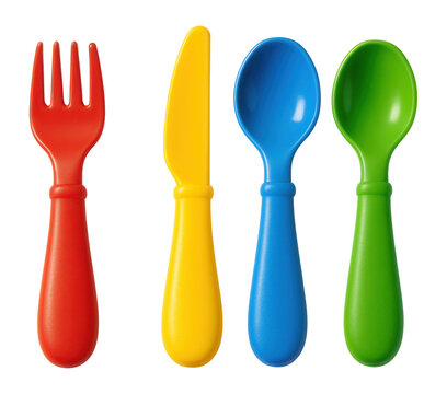 Color-coded cutlery set designed to teach kids proper table settings at home.