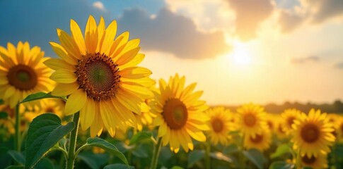 Sunflowers Basking in Golden Hour Sunlight A Breathtaking Display of Natures Beauty
