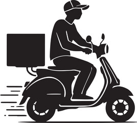 Delivery scooter with rider and motion lines, black and white vector illustration for urban logistics themes