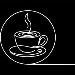 Continuous one line drawing of a hot coffee cup with steam in a circle on a black background. Minimalist vector art