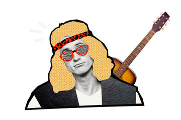 Composite photo collage of upset man wear stylish cloth blonde wig rocker acoustic guitar...