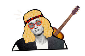 Composite photo collage of upset man wear stylish cloth blonde wig rocker acoustic guitar performance isolated on painted background
