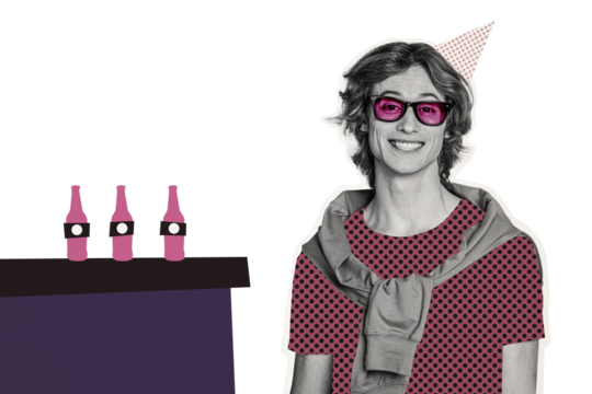 Composite photo collage of happy positive young man wear sunglass stand bar table beer beverage alcohol rest isolated on painted background