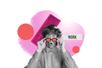 Composite photo collage of astonished guy nerd hold glasses shock keyboard office equipment computer tool isolated on painted background