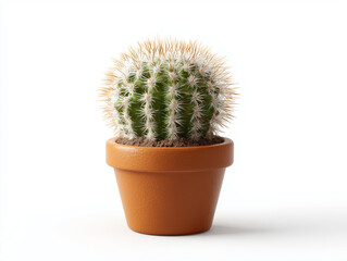 Small round cactus plant in terracotta pot isolated on white background.