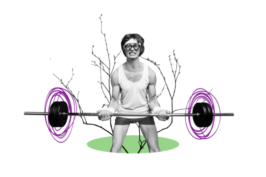 Composite photo collage of serious young sportsman pump biceps hold heavy dumbbell effort bodybuilding isolated on painted background