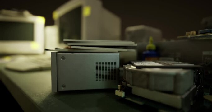 A cluttered workspace filled with various old tech items. Vintage computers and hard drives sit together, casting shadows in the low light. Dust and nostalgia fill the air as memories linger.