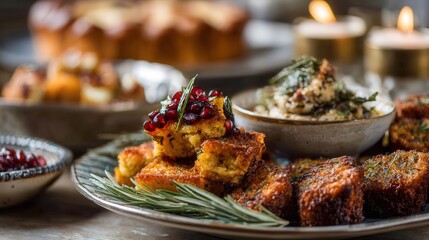 Deliciously arranged gourmet appetizers on a rustic table with candles and elegant plating