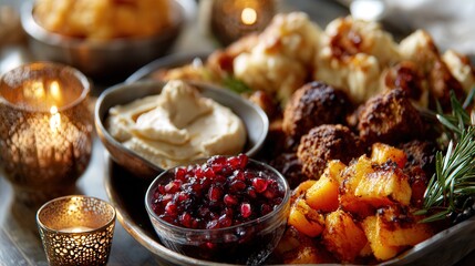 Assorted gourmet dishes served on a platter with candles creating a warm, inviting atmosphere