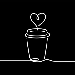Coffee love concept with a disposable cup and heart steam depicted in a minimalist continuous line art style