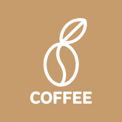 Minimalist white coffee bean and leaf emblem on a warm, earthy brown backdrop, perfect for branding and design