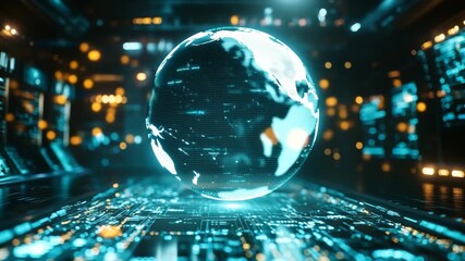 Futuristic technology video of a digital Earth hologram rotating in a data center. Global network, big data, innovation. Ideal for corporate presentations and global business footage. - Powered by Adobe