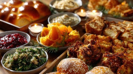 Assorted gourmet dishes on wooden table with candles and fresh ingredients for festive dining experience