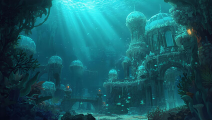 Fototapeta premium Ancient underwater city of Atlantis with glowing domes, coral-covered ruins, and sun rays piercing the ocean. Fantasy aquatic world perfect for wallpaper or background use.