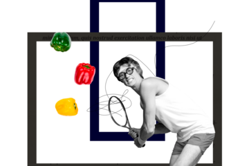 Composite creative art collage of serious man hold racket tennis player bulgarian pepper diet league isolated on painted background