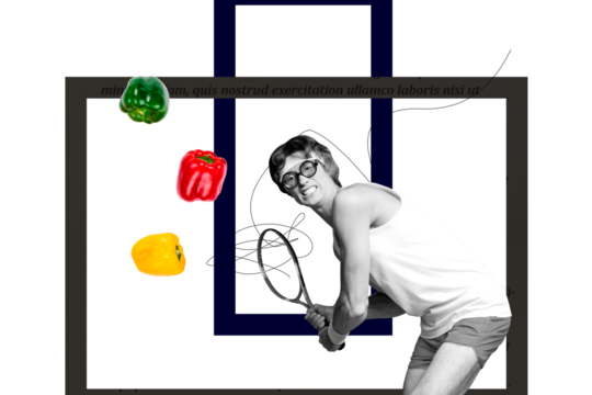 Composite creative art collage of serious man hold racket tennis player bulgarian pepper diet league isolated on painted background