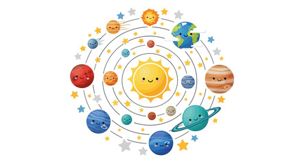 Obraz premium A cheerful cartoon depiction of the solar system with smiling planets and stars.