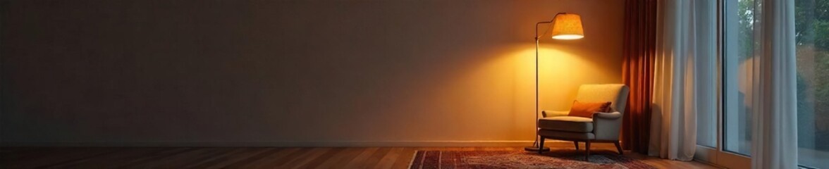 Warmly Lit Living Room Corner Elegant Modern Floor Lamp Illuminates Cozy Armchair and Patterned Rug, Perfect for Interior Design Inspiration