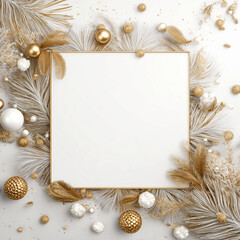 Composición festiva con marco decorativo dorado y blanco, ideal para diseño gráfico y contenido estacional.Elementos dorados y plateados en forma de marco, centro vacío sobre fondo claro y simétrico.