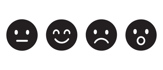 Emotion Icon Set. Minimalist Black and White Faces Showing Neutral, Happy, Sad, and Surprised Expressions for UI and Communication Design.