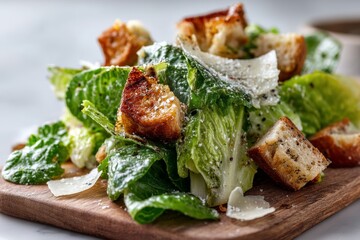 Macro view photography of an hearty caesar salad on a wooden board in front of white marble background