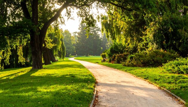 A sunlit pathway winds through a lush, green park with large trees and vibrant foliage on either side. The path leads into the distance - Powered by Adobe
