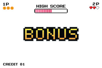 Bonus icon, Pixel art, 8-bit game for game assets in vector illustrations on white background.