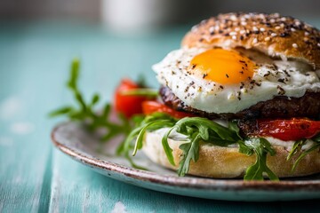 Natural light close-up photography of a juicy burguer on a rustic plate in pastel painted wood background