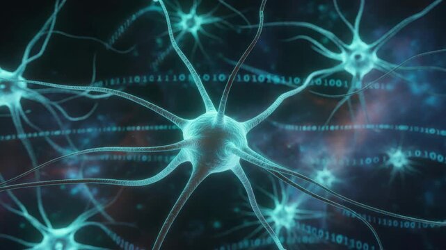 Dynamic network of digital neurons pulsing with data, ideal for medical or tech projects