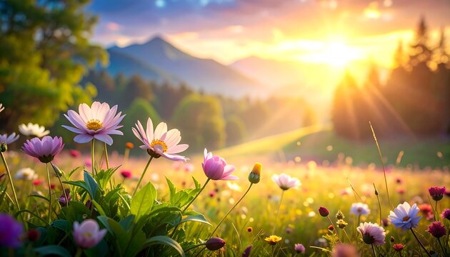 A sunlit meadow blooms with colorful wildflowers. Distant mountains and forest meet the bright, warm sky in a picturesque scene. Sunlight streams - Powered by Adobe