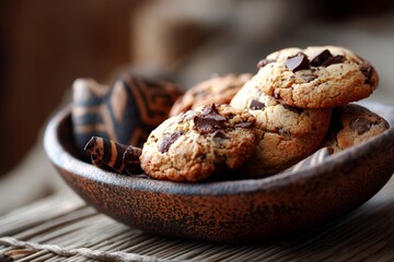 Rustic ambiance close-up photography of a delicious chocolate chip cookies in a clay dish isolated in bamboo background