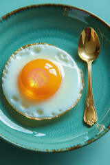 A golden-crisp fried egg on a matte indigo ceramic plate, its yolk replaced by a glowing, fluid gemstone &mdash; a shifting, semi-transparent orb that swirls between opal, citrine, and peridot. A single gol