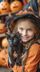 Obraz premium Young Caucasian girl in a witch costume holds a small black kitten. Halloween pumpkins are visible in the background, creating a festive atmosphere.