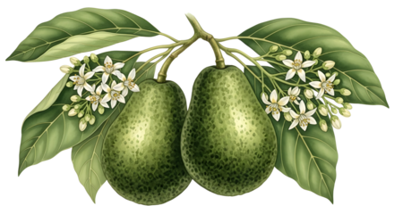 Detailed botanical illustration of fresh avocados on a branch with flowers and leaves isolated PNG with Transparent Background