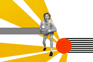 Creative collage young sportsman basketball player activity hobby professional match league tournament drawing background