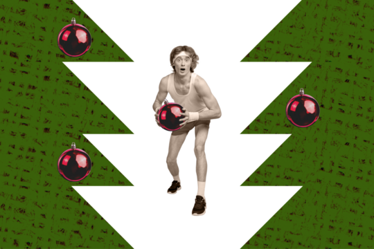 Composite artwork photo collage template sketch of young guy student sportive exercise hand hold christmas ball toy decor eve tree