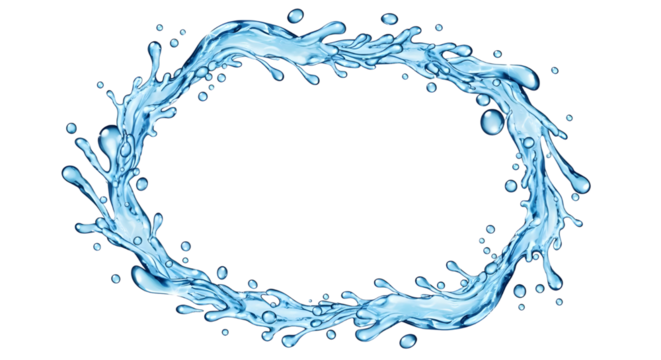 Dynamic splashing water oval frame, clean fresh liquid blue border design element isolated PNG with Transparent Background