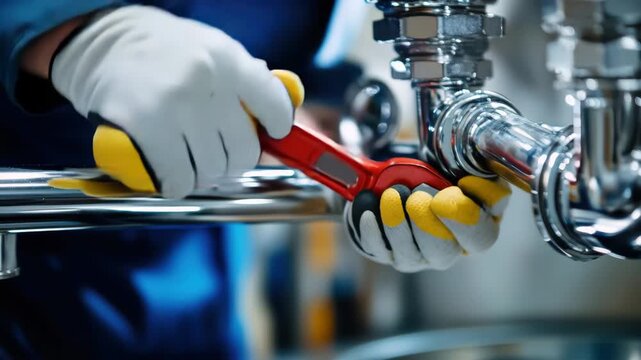 Closeup of a plumber wearing gloves using a wrench to tighten a pipe fitting on a chrome pipe, emphasizing repair and maintenance work 4k video
