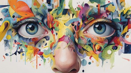 Surreal painting showing colorful eyes and abstract face parts in unique composition.