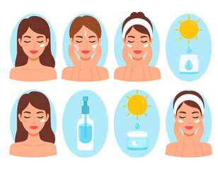 Illustration of skincare routine steps — cleanse, tone, serum, moisturize, and sunscreen — in flat design style
