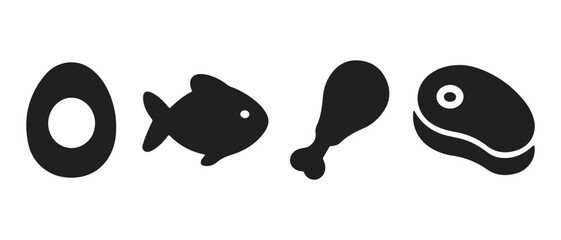Protein Food Icon Set. Black Silhouettes of Egg, Fish, Drumstick, and Steak for Nutrition and Meal Design.